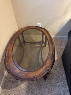 Vintage Oval Glass Top Coffee Table – Solid Wood