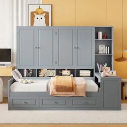 Brand New L-Shaped Kids Daybed w/ Storage, Desk & Bookcase – Gray Wood