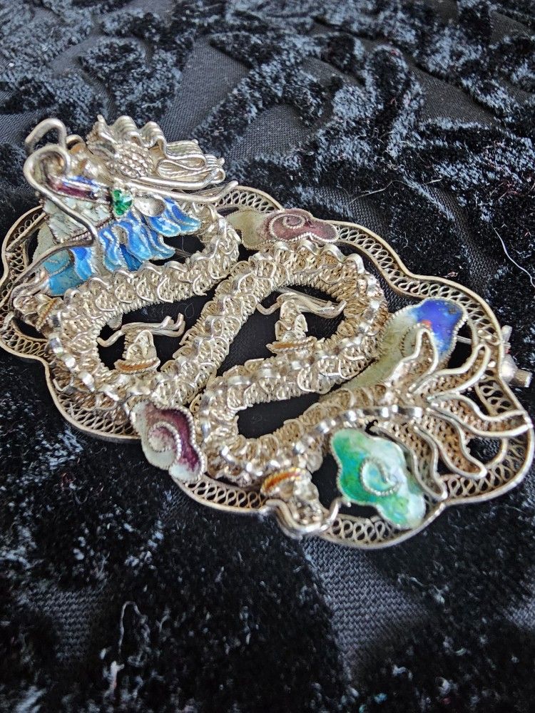 $150.00 - 1950's Chinese Cloisonne Silver DRAGON Brooch! Authentic Stone Accents/Rare Find! Lowest Price Offer!