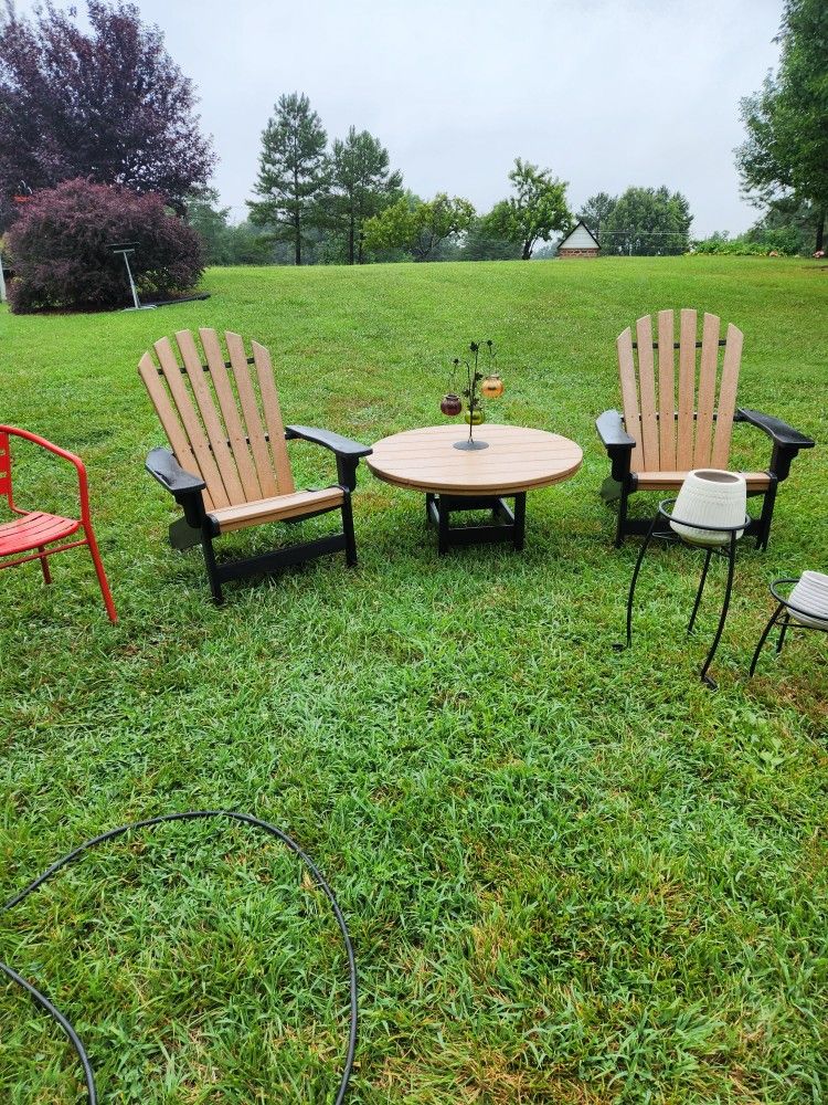 Heavy Polywood Patio Porch Adirondack Chairs (4) w/ Round Tables - $600 for all - Rougemont