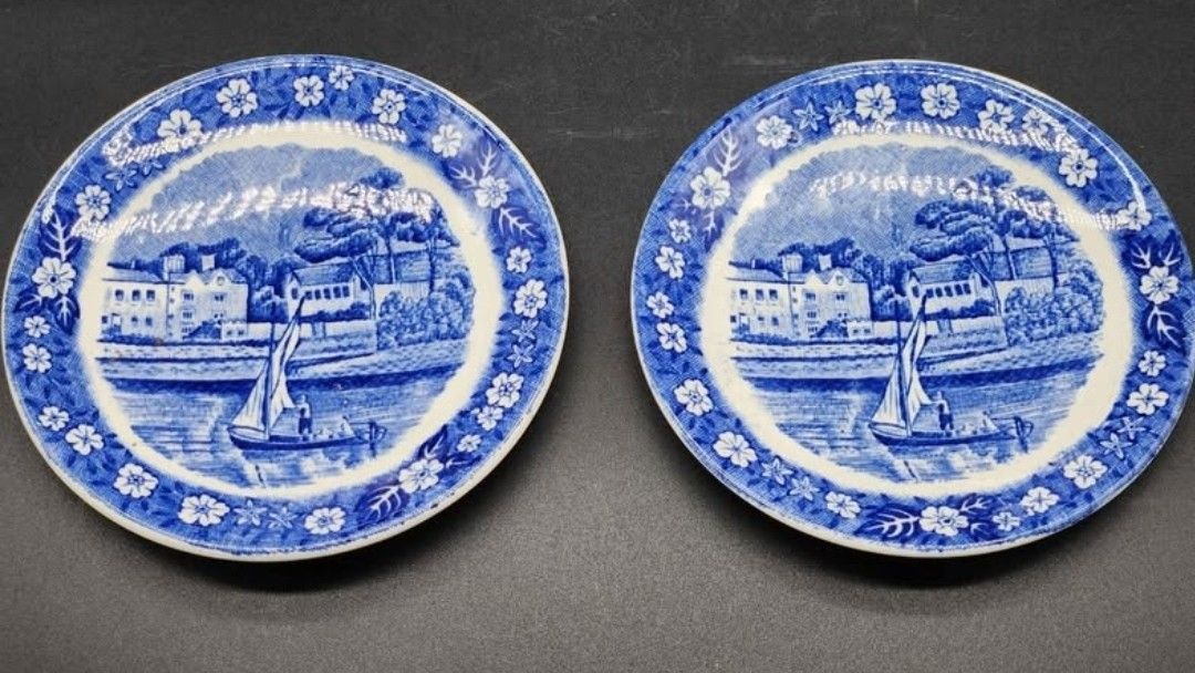 Palissy Pottery, Staffordshire England, Lady Place Hurley Berks,Thames River, Saucer Pair -