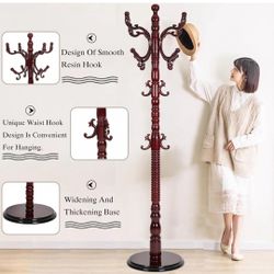 Wooden Coat Rack Freestanding, Hall Tree Hanger With Resin Hooks, Adjustable Heavy Duty Coat Rack for Hanging Clothes Bags Hats in Living R