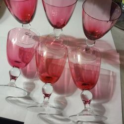 Set Of Six Cranberry Drinking Vintage Glasses