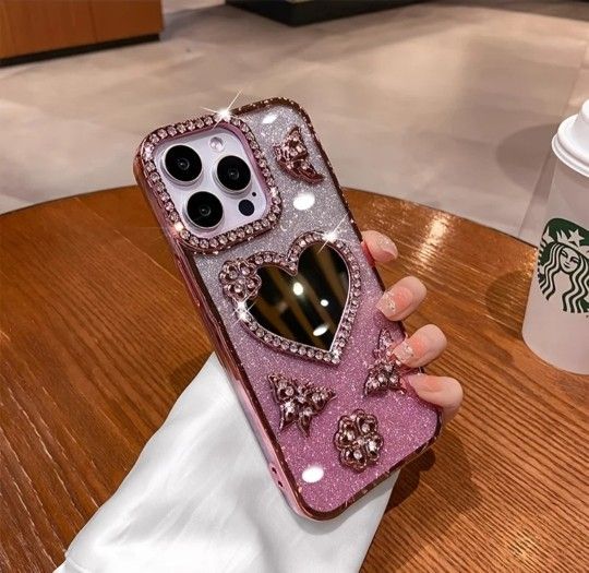 Luxury Sparkly Pink Glitter Phone Case with Heart Mirror & Rhinestone Charms – For iPhone 16 Pro Max