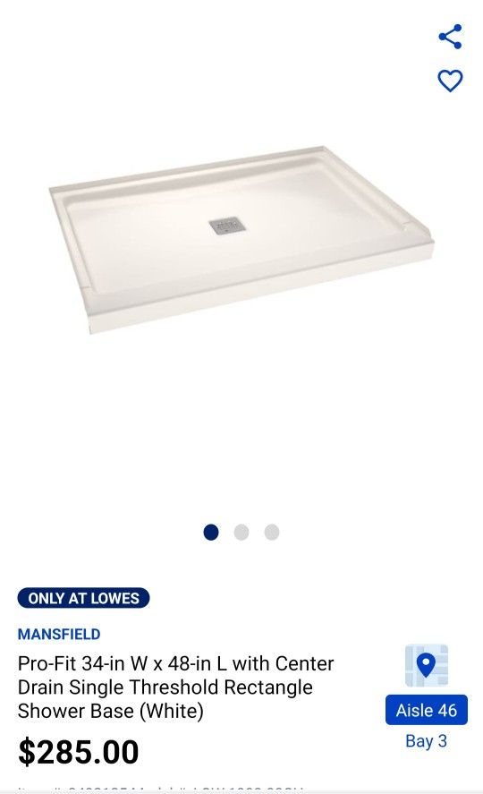 MANSFIELD ProFit 34in W x 48in L with Center Drain Single Threshold