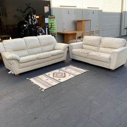 FREE Set of 2 Real Leather White Sofas 