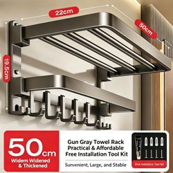 Gun Gray Double Folding Towel Rack, Space Aluminum Bathroom Towel Holder with Hooks, Wall Mounted B