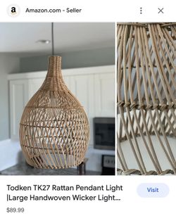 Todken TK27 Rattan Pendant Light Large Handwoven Wicker Light Fixture | 18" X 12" Chandelier | Boho Pendant Light For Dining Room, K
