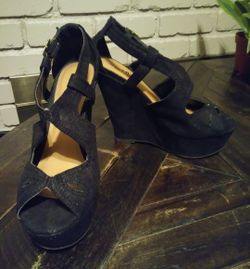 Black Suede Strapped Wedges Sz 7 1/2