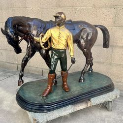 Vintage Large Bronze Statue • Jockey & Racing Horse (by P.J. Mene) 40”