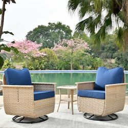 Set of 2 Wicker patio Natural PE wicker Metal Frame Swivel Rocking Chair with Blue Cushioned Seat