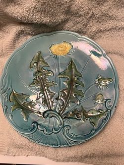 Antique Majolica Plate with Dandelion Relief