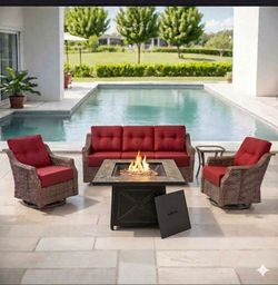 Outdoor Wicker Patio Set with Fire Pit Table.
