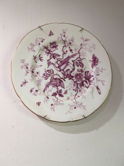 Vintage Purple / Mulberry Transferware Floral Plate – Birds & Butterflies (Gold Trim)