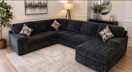 🖤 NEW Oversized Charcoal Corduroy Sectional (3-Piece) 🖤 $0 Down, Flexible Payments Available