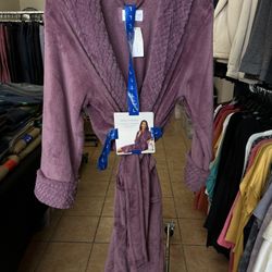 Woman Purple Soft Long Plush Wrap Robe 