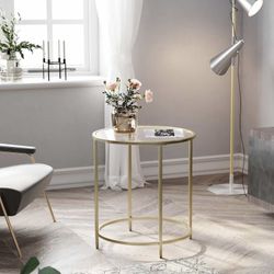 Round Side Table, Tempered Glass End Table with Golden Metal Frame, Small Coffee Table