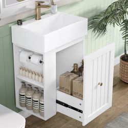 Newly Assembled 20 inch Wall-Mounted Bathroom Vanity with Ceramic Sink and Drawer, Compact Floating Vanity for Small Bathroom, White