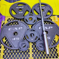 PAIR  OF  OLYMPIC  CAP  PLATES   &  NEW  5  FOOT  BARBELL  BAR  (PAIRS OF)  :  45s  35s  5s  2.5s 