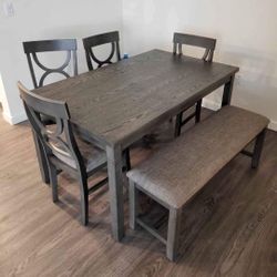✅️✅️6 pc bridget ii grey finish wood dining table set padded seat chairs and bench✅️✅️