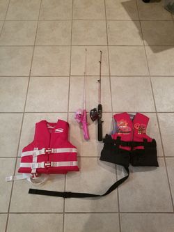Kids life vest and fishing pole