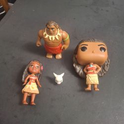 Disney Moana Lot Of 4 Figures Incl: Funko Pop Moana, Princess Moana Mini Poseable Doll, Chief Tui & Pua The Pig