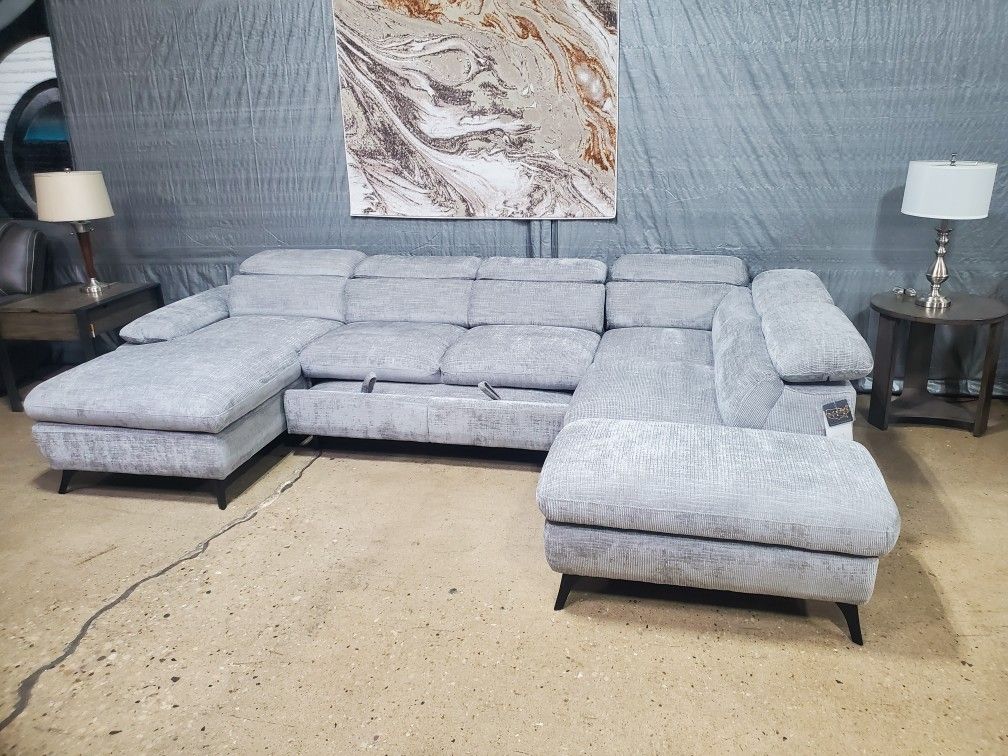 Beautiful Gray Sleeper Sectional With Storage (New)