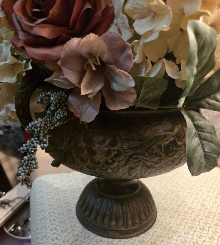Large Vintage Metal Urn Full Of Flowers