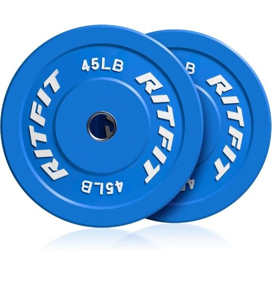 Set of 2. 45lb. RitFit Color Coded Olympic Bumper Plate for Barbell - 2-Inch Weight Plates With Steel Insert, Rubber Weights for Strength Training