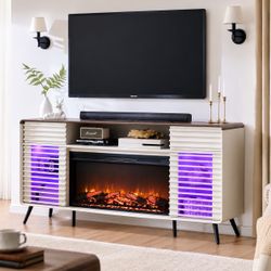 Fireplace TV Stand for 80 Inch TV, Mid Century Modern Entertainment Center with 36" Electric Fireplace & Led Lights, Wood Media Console w/Slatted 36"