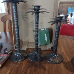 Set Of 3 Solid Bronze Palm Tree Candle Holders 19", 17" & 14"