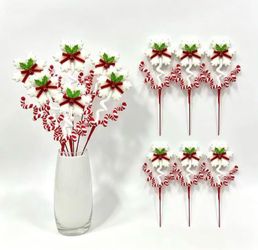 13 INCH Christmas Snowflake Pick Ornaments, Soft Non-woven Fabric Snowflake with Chenille Candy Cane Stems, Winter Holiday Floral Picks for Xmas Tree,