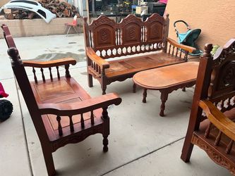Vintage wood seating set. Bench, couch, table