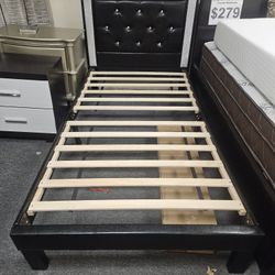 Brand New Black Faux Leather Twin Platform Bedframe With Faux Rhinestones Trimming