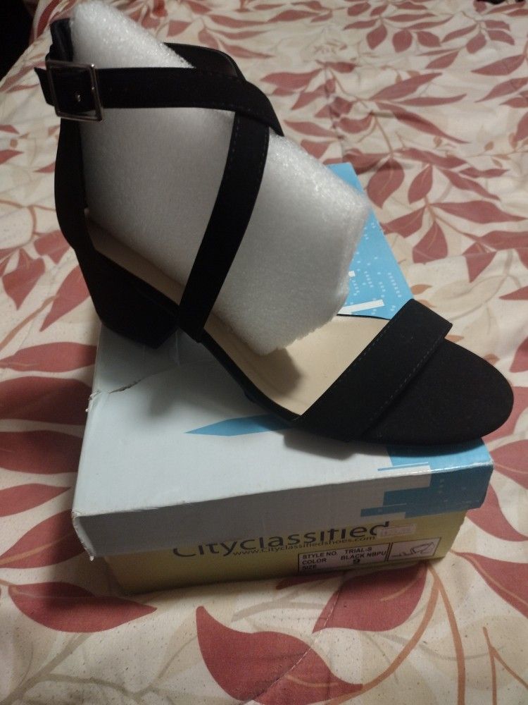 Black Strap Low Wedge Heel