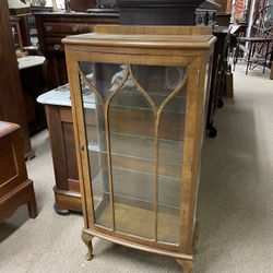 Antique Small Sized Wooden Display Cabinet, Wood Inlaid Glass