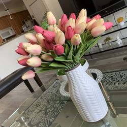 Pretty Pink Silk Flower Bunch With White Ceramic Vase  