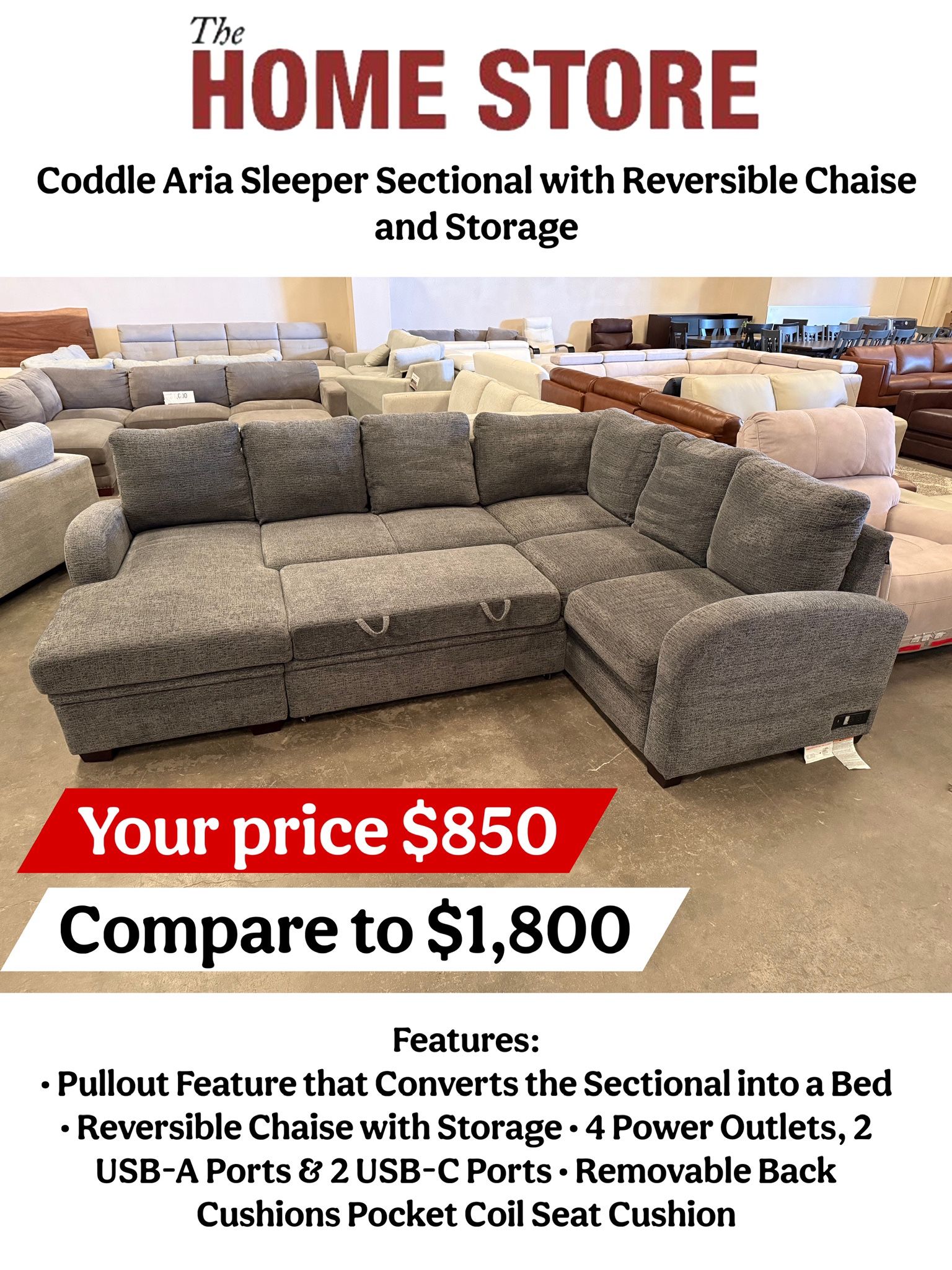 Coddle Aria Sleeper Sectional with Reversible Chaise and Storage