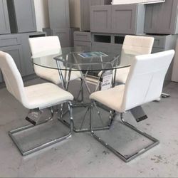 Glass Table Top Circle& Chrome Kitchen Table And White 4 Dining Chairs⭐️ Dining Set🤩 On Display🏠 Fastest Delivery✅