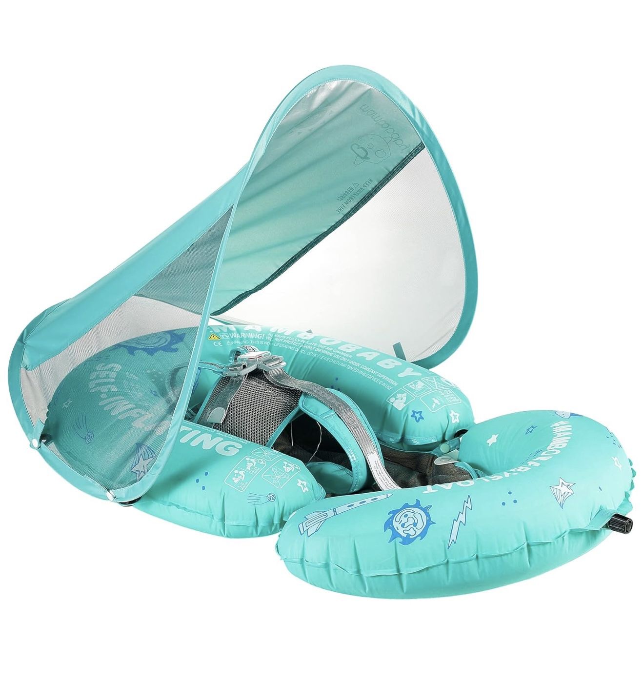 Mambobaby Float Baby Pool Float with Canopy & Tail Portable Baby Float Self-Inflating Compressible Folding Swimming Floating Bed Water 3 To 24 Months
