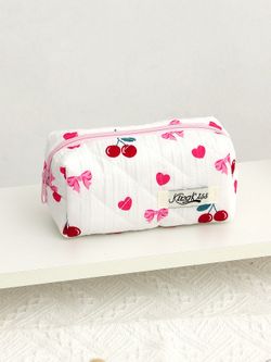 Brand New Cute Cherry Heart Shape Bow Knot Cotton Square Makeup Bag & Storage W/ Beauty Sponges 
