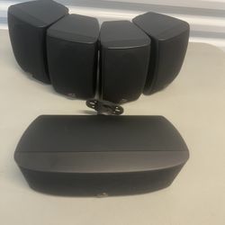 Polk Audio RM6751 Surround Sound Speakers (4) + RM6752 (1) Center W/wall Mount . One wall Mount bracket is broken and will need replacing or modificat