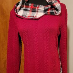 Women's Twisted Cable Knit Hooded Plaid Sweater Size Medium