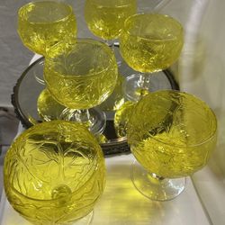 Set of 6 Sigma Tastesetter Secla Yellow Glass Cabbage Leaf Goblets; Mid Century Modern Glasses