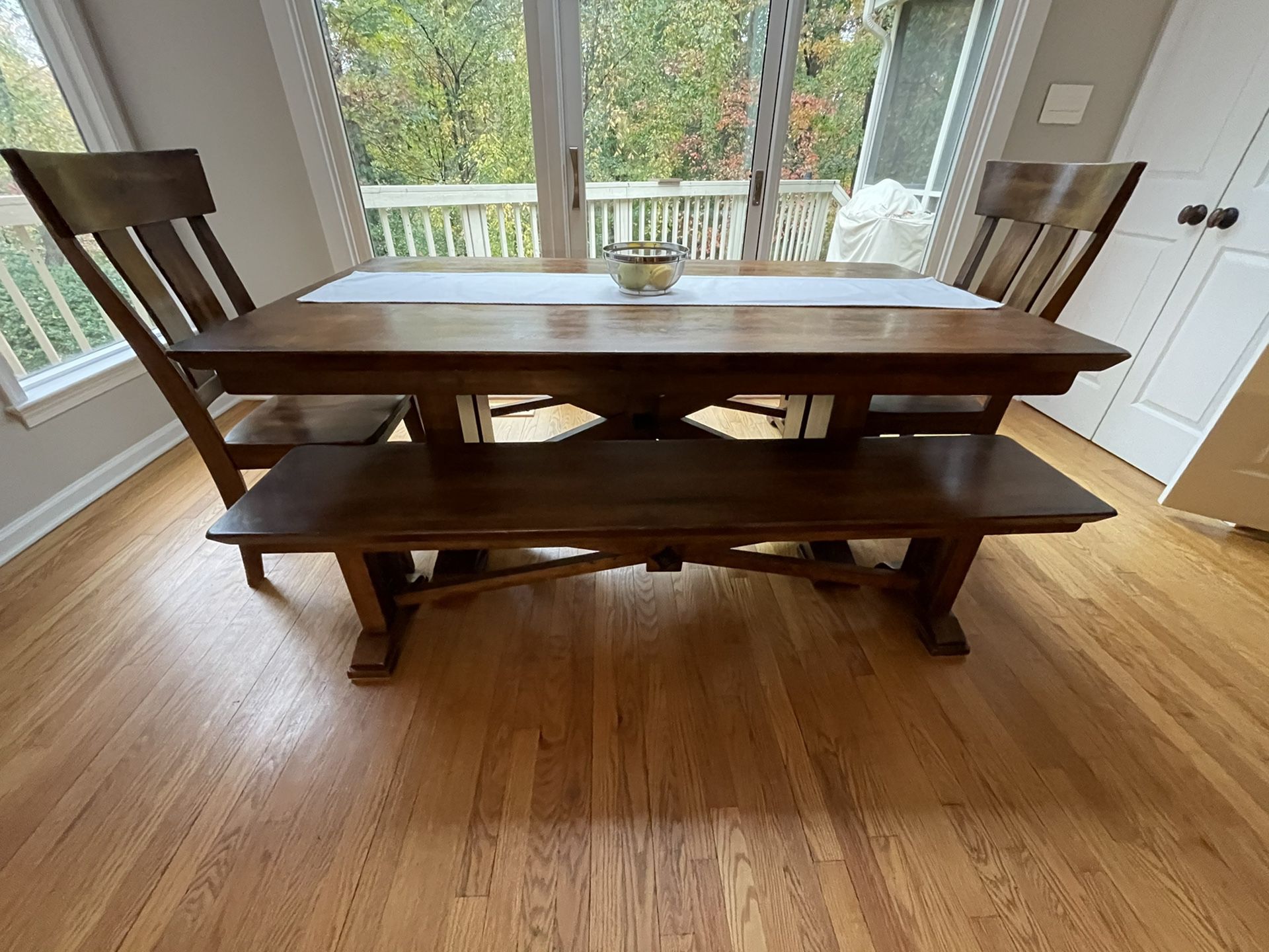 Wooden table with 2 benches and 2 chairs