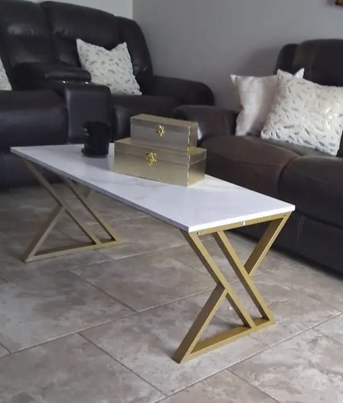 Coffee Table Living Room Table Centre Table, Faux Marble Rectangular Tea Table With Sturdy Metal Frame, Industrial Wooden Coffee Table For Bedroom Hom