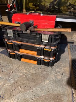 RIDGID and HUSKEY  and HOMAK tool storage boxes w/hammers