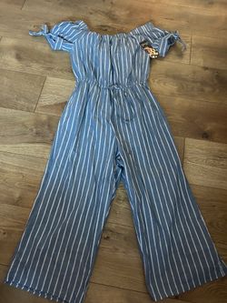 NWT medium hint of blush womens small off the shoulder blue white striped wide leg jumpsuit