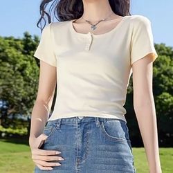 Eggshell-colored top for women, new summer 2025 style, short and tight-fitting, with a chic V-neck and button design, short-sleeved T-shirt, size M