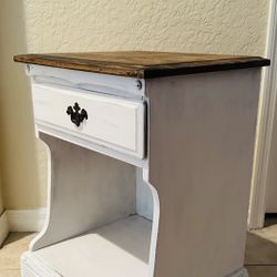 Vintage Chesterfield Side Table painted in a White French Country Style W/wooden top, dove-tailed drawer & lower open area convenient & accessible!